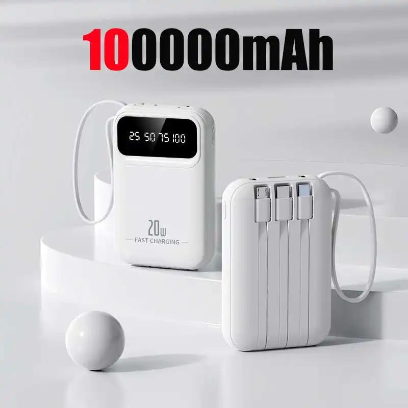 100000mAh 4 in1 Built-in Cable Power Bank High Capacity PD 20W Fast Charging Slim Portable Charger