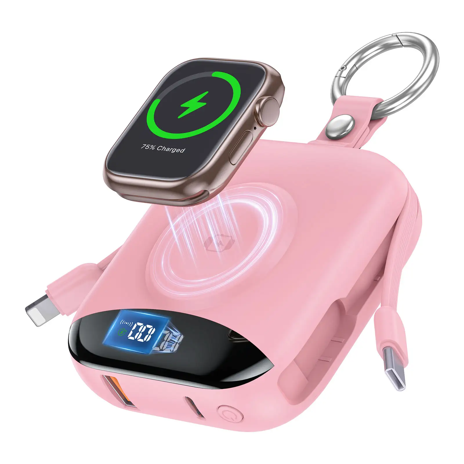 22.5W Fast Charging Power Bank with Built-in Cables, 4-in-1 Portable Charger with LED Display & Keychain