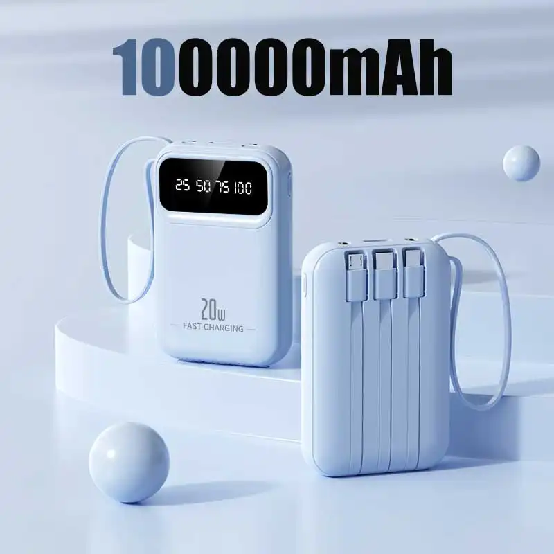 100000mAh 4 in1 Built-in Cable Power Bank High Capacity PD 20W Fast Charging Slim Portable Charger