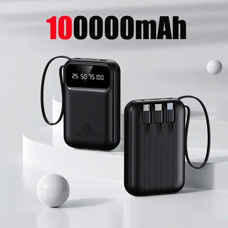 100000mAh 4 in1 Built-in Cable Power Bank High Capacity PD 20W Fast Charging Slim Portable Charger