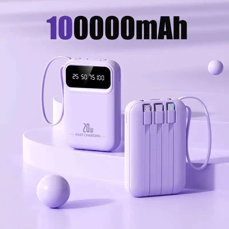 100000mAh 4 in1 Built-in Cable Power Bank High Cap...
