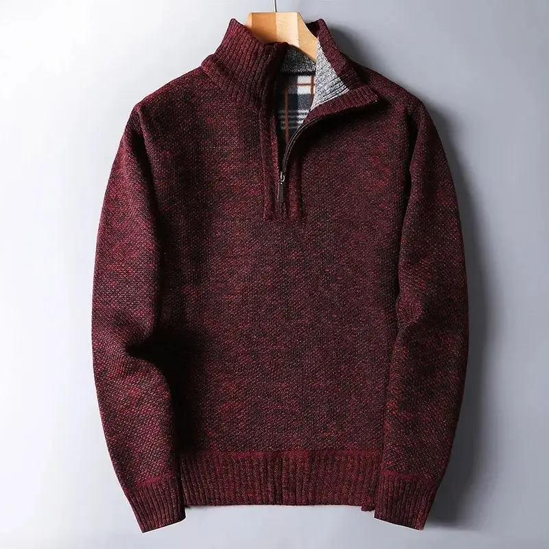 Men's Sweater Thickened Mock Neck Half Zipper Warm Casual Pullovers Trendy Knitwear