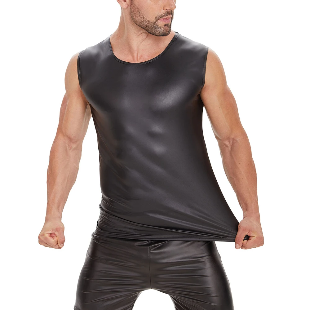 Sleeveless Faux Leather Tank Top Men Fitness Gym Muscle Tight