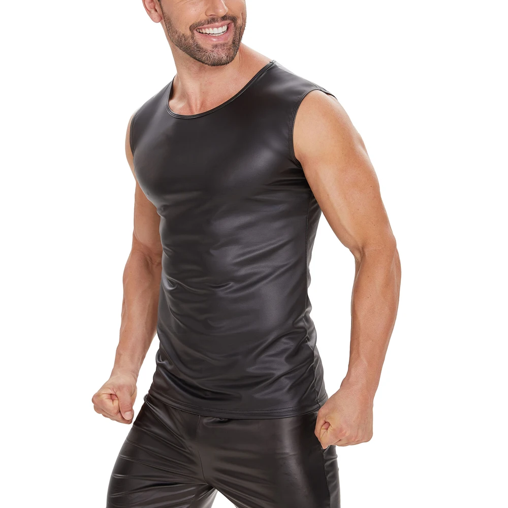 Sleeveless Faux Leather Tank Top Men Fitness Gym Muscle Tight