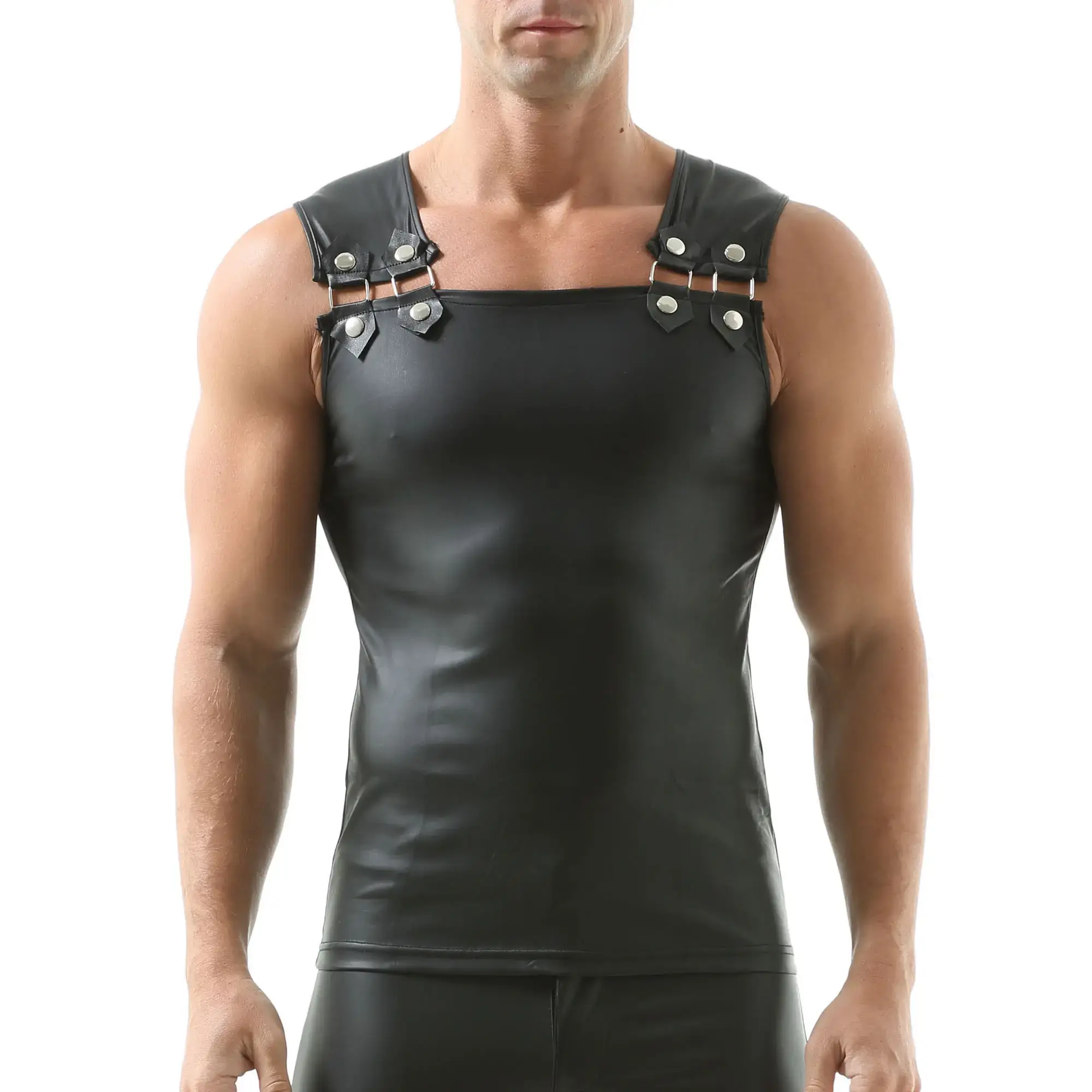 Men's Leather Buckle Tank Tops Casual Male Solid C...