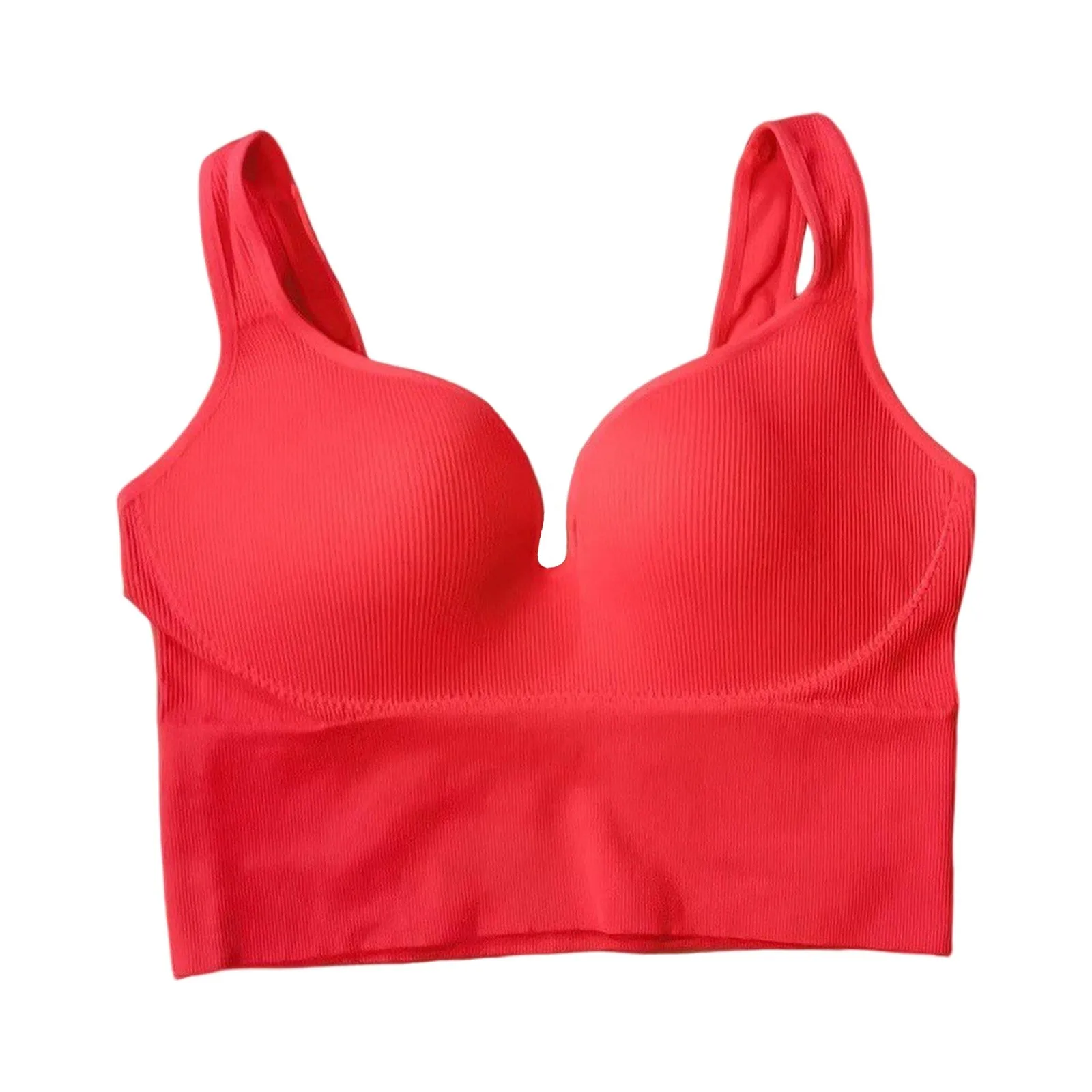 Female Simple Plain Color High Elastic Tight Casual Sports Fixed Cup V-neck Vest