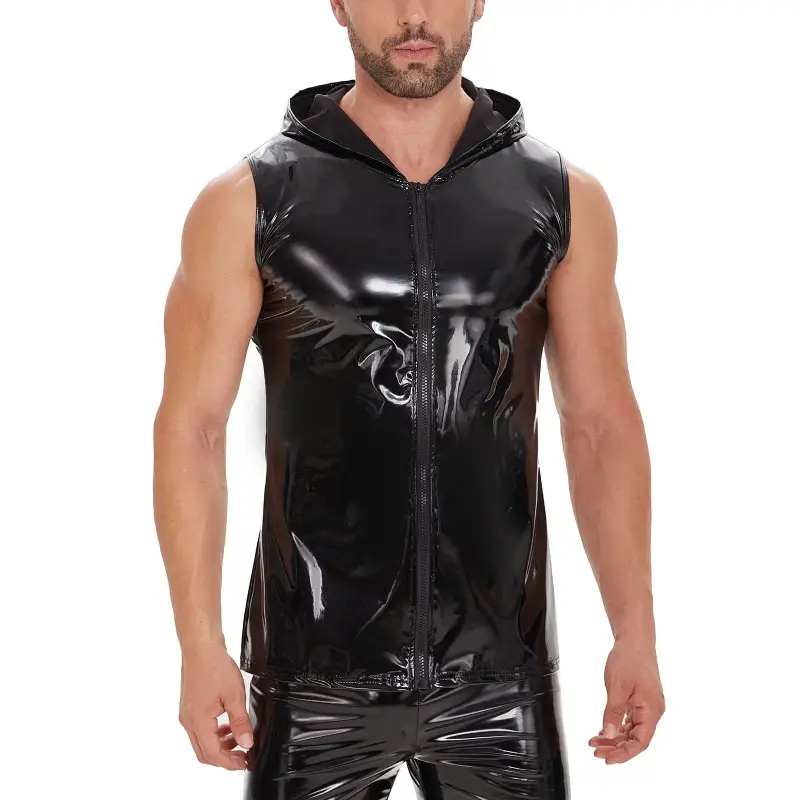 Men Tank Top Full Zipper Glossy PVC Leather Sleeveless