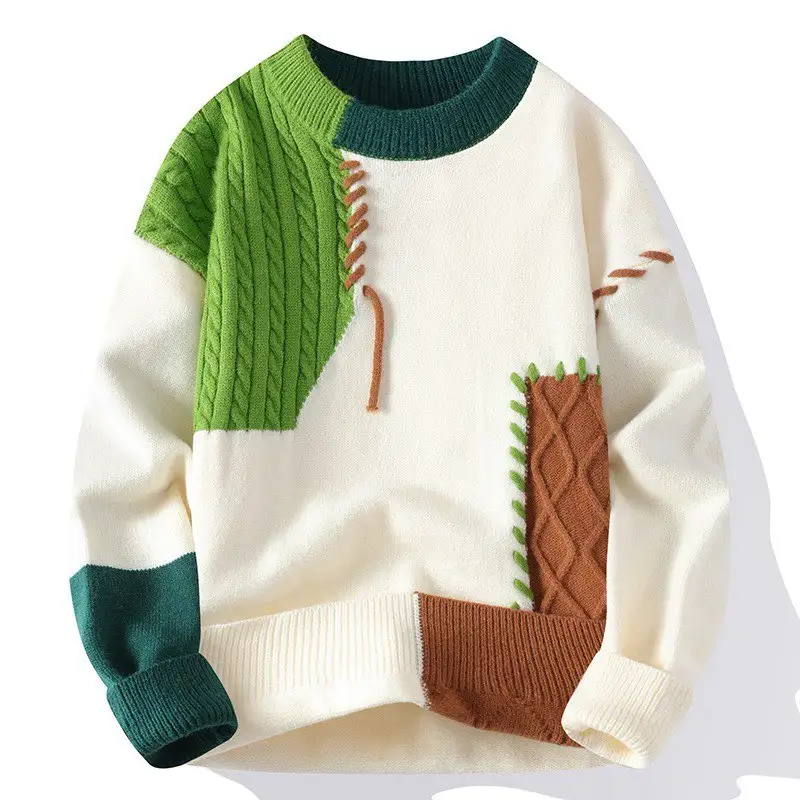 Men's Knit Sweater Color-Block Patchwork Design With Cable Knit Details