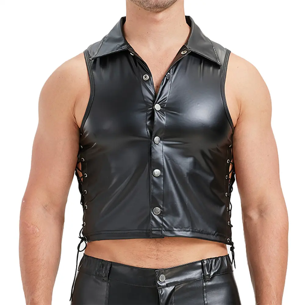 Men Black Faux Leather Tank Tops Sexy Vests Sleeve...