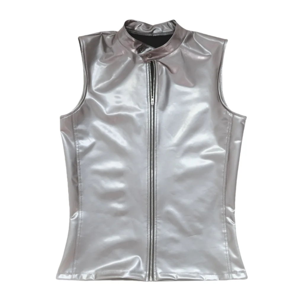 Sleeveless Zipper Stand Collar PU Leather Tank Tops