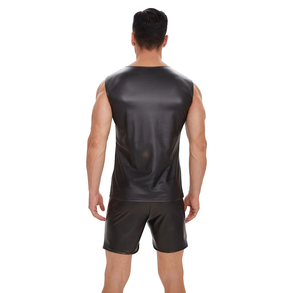 Sleeveless Faux Leather Tank Top Men Fitness Gym Muscle Tight