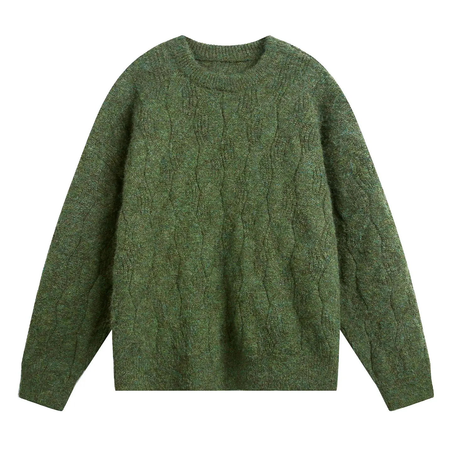 Thickened Solid-Colour Crew Neck Sweater Top Men Cable-Knit Textured Knitwear Retro Cardigan
