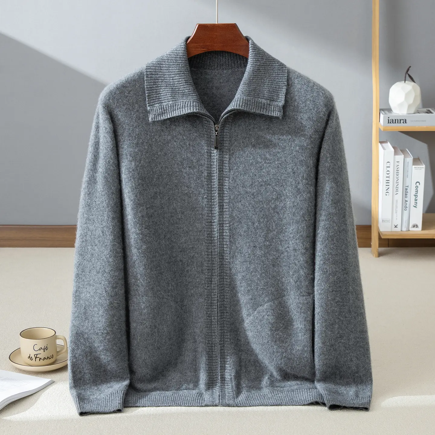 100% Cashmere Men's Zipper Cardigan Knitted Sweater Loose Tops