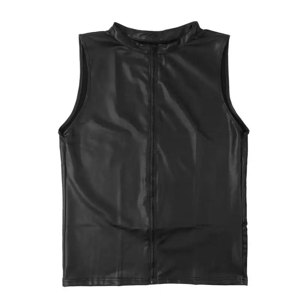 Sleeveless Men Vest Leather Black Slim Zipper Solid Color Tank Tops