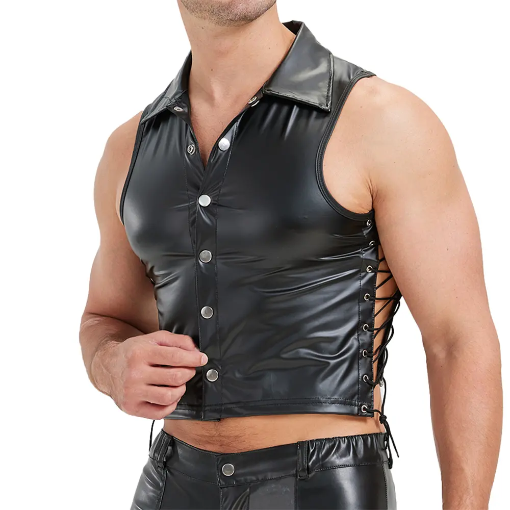 Men Black Faux Leather Tank Tops Sexy Vests Sleeveless
