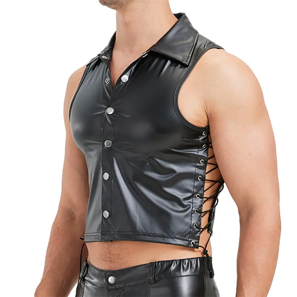 Men Black Faux Leather Tank Tops Sexy Vests Sleeveless
