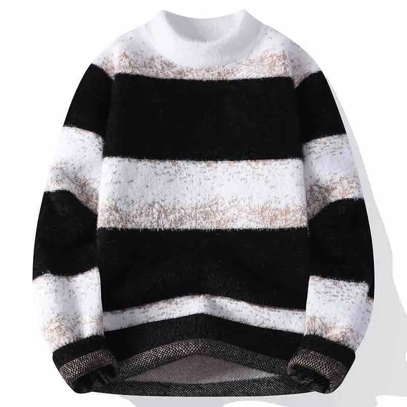 Men's Stripe Long-Sleeve Pullover Fashionable Round-Neck Warm Sweater