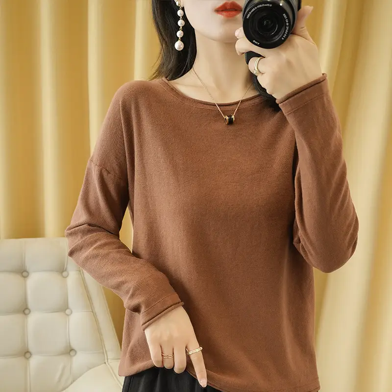 Women Knit Sweater Crimped Edge O-Neck Pullover Bottoming Pure