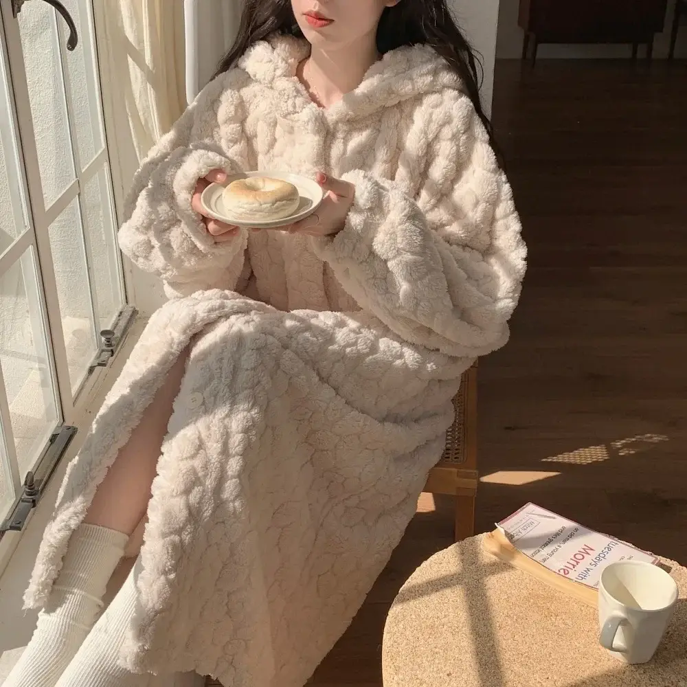 Pocket Robe for Women Sleepwear Winter Nightdress Night Wears Warm Fleece Pajama One Piece Nightgown Hooded Sleeping Homewear