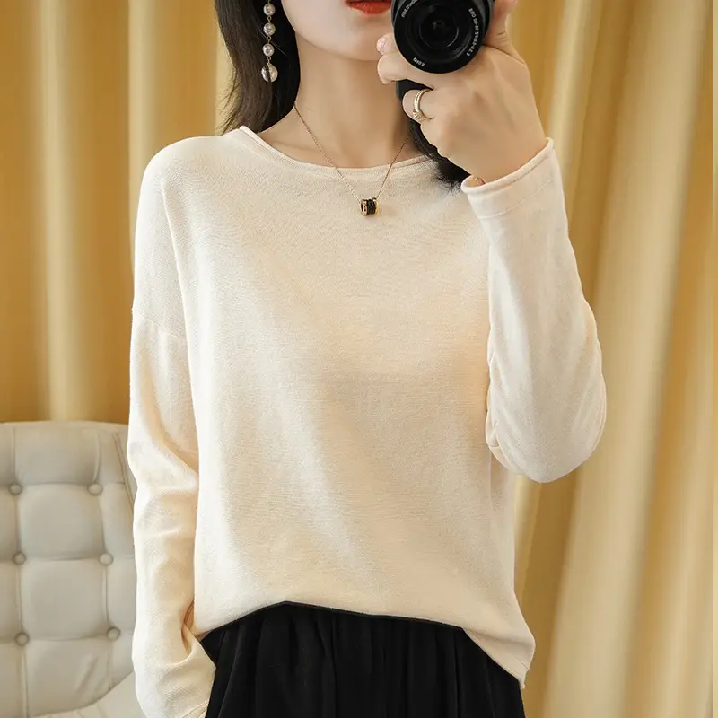 Women Knit Sweater Crimped Edge O-Neck Pullover Bottoming Pure
