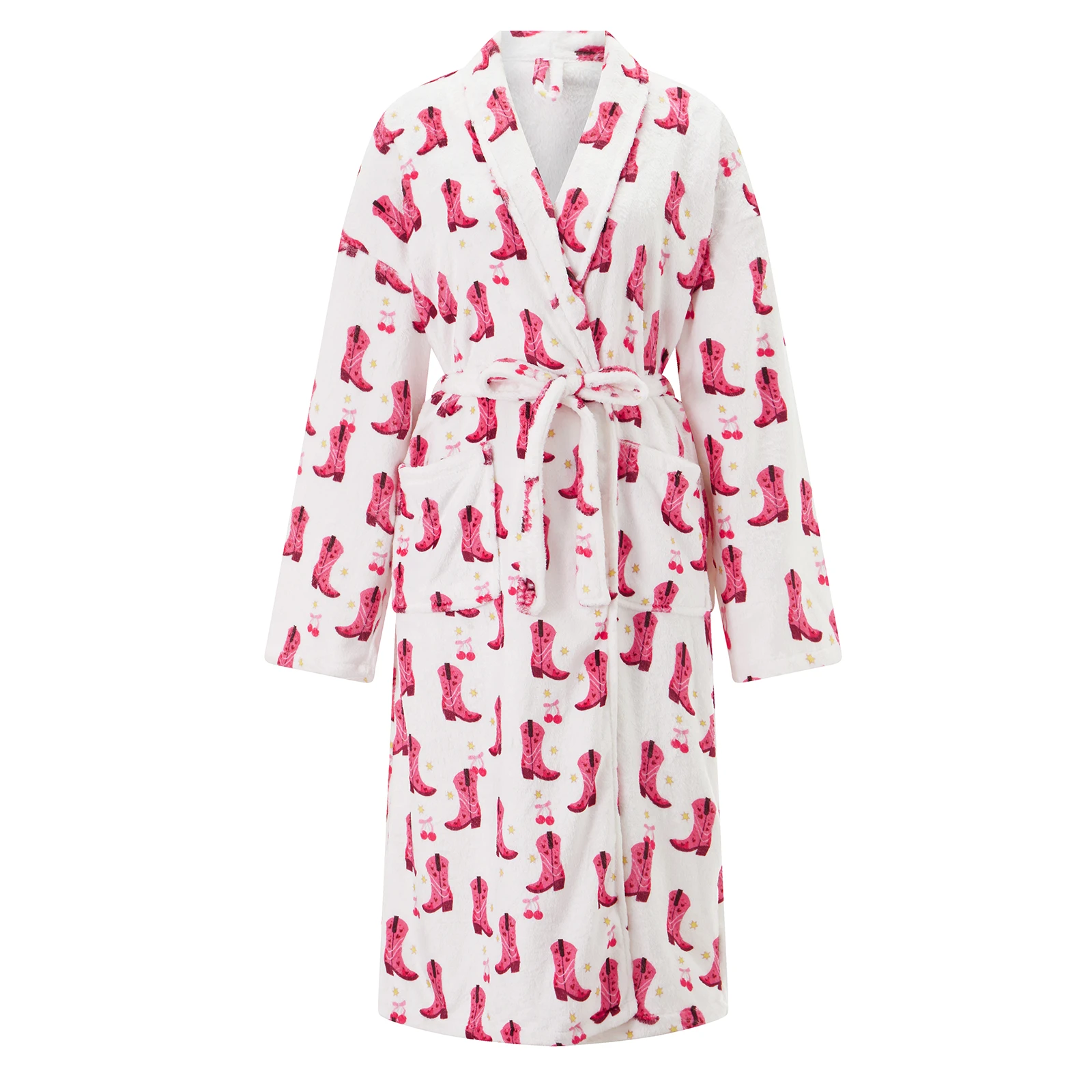 Women Robe Belted Long Sleeve Loose Warm Bathrobe