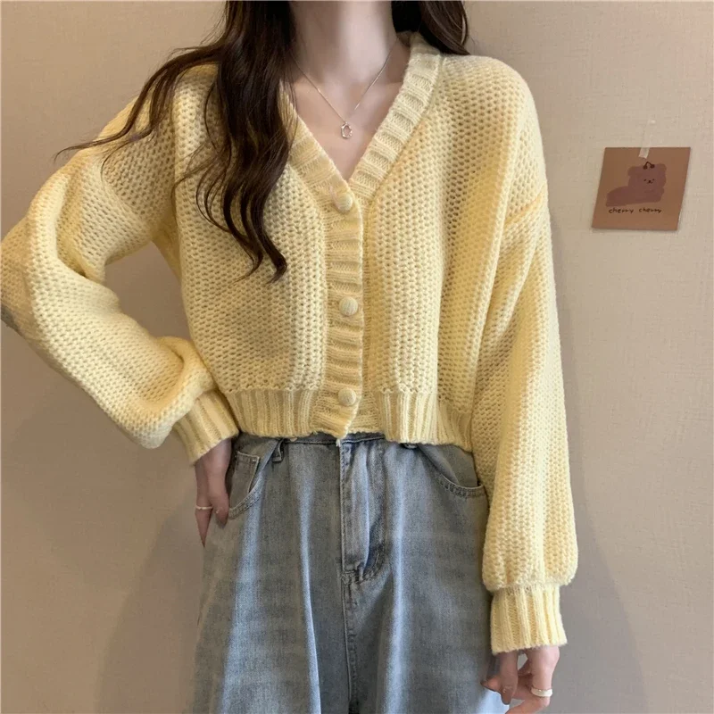 Women V-Neck Cardigan Sweater Buttons Up Casual Knit Sweater Coat Sweet Cardigan Coat