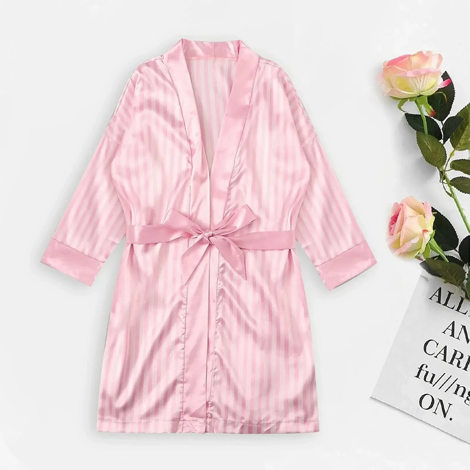 Women Satin Silk Sleepwear Striped Underwear Robes Casual Home Wear Long-Sleeve Sleepwear