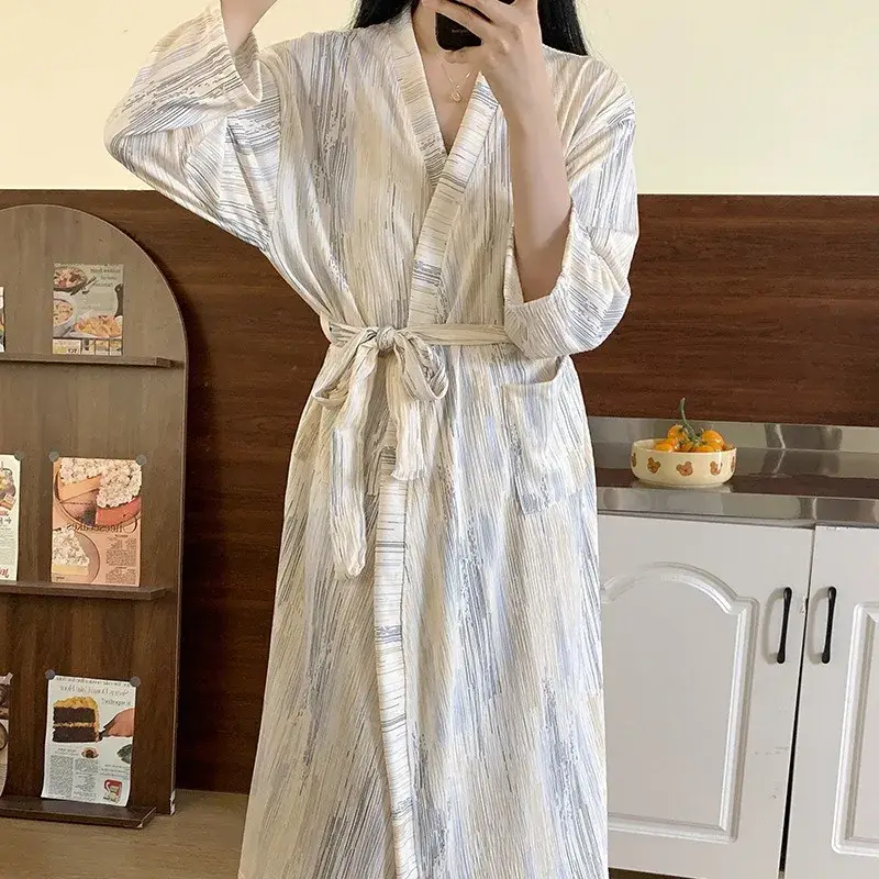Robes Simple Casual Dressing Gown Women Gauze Loose Long Bathrobe Nightdress Cardigan Long Sleeve