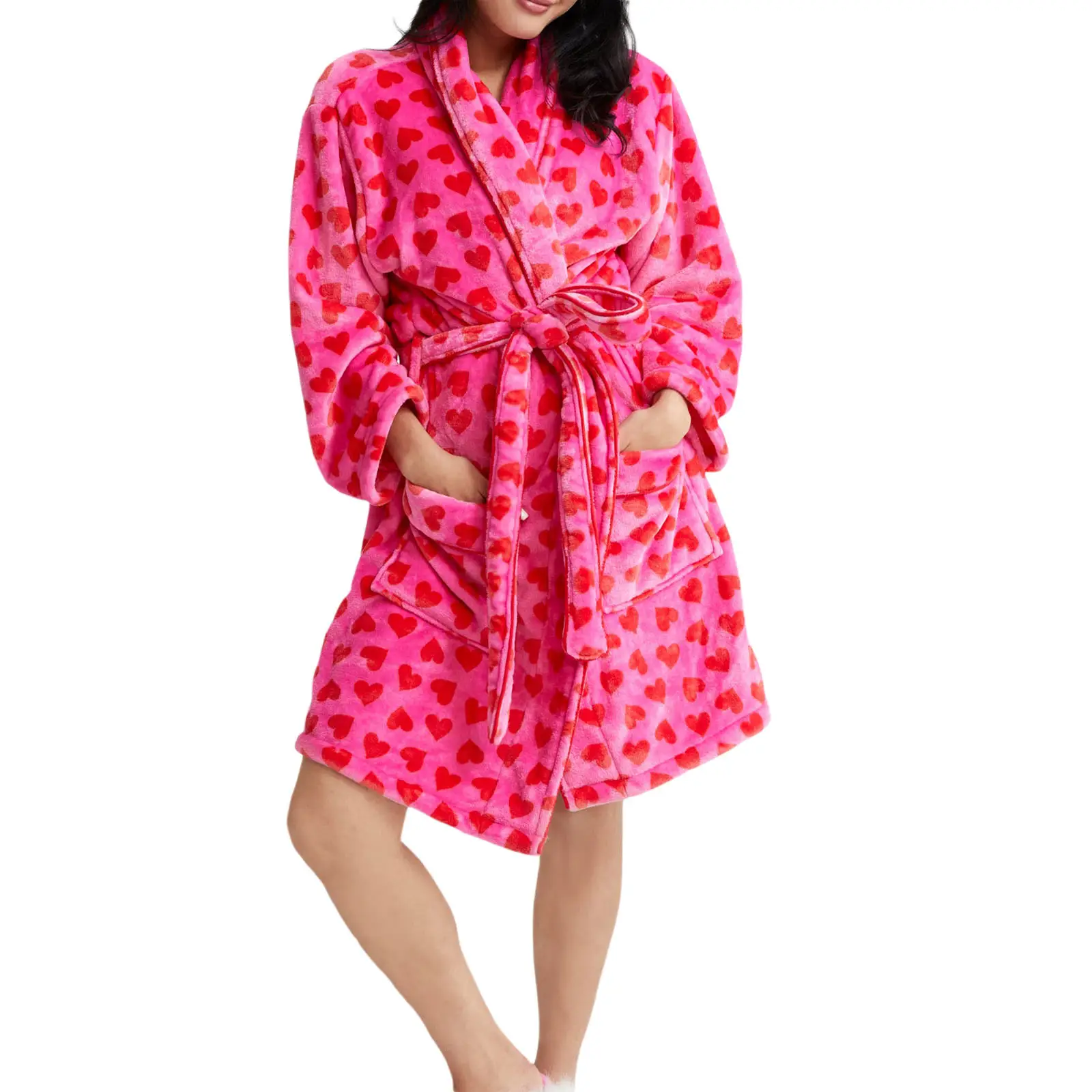 Women Fashion Fleece Robe Long Sleeve Collar Bathrobe Cute Plush Warm Kimono with Pocket