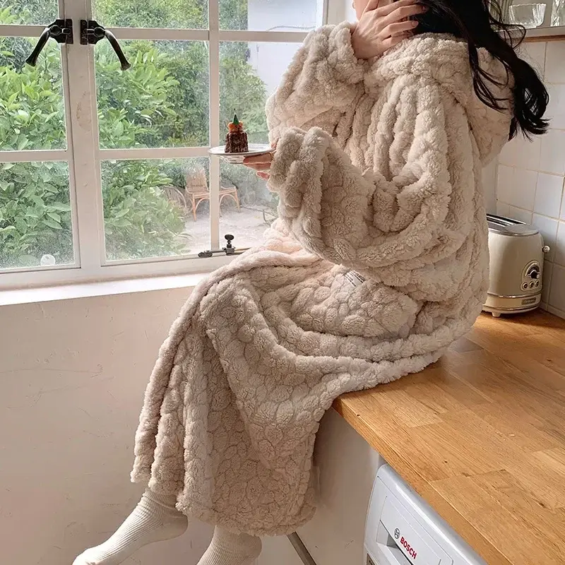 Pocket Robe for Women Sleepwear Winter Nightdress Night Wears Warm Fleece Pajama One Piece Nightgown Hooded Sleeping Homewear