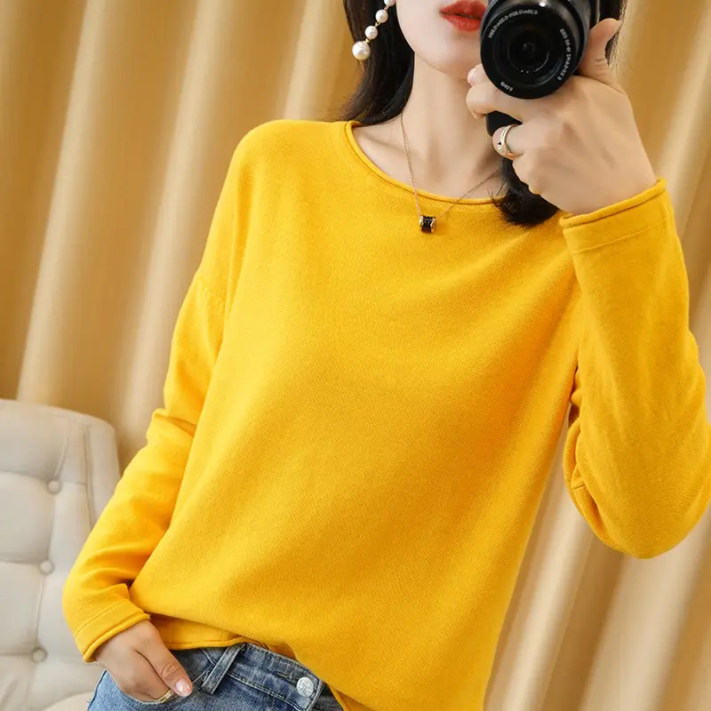 Women Knit Sweater Crimped Edge O-Neck Pullover Bo...
