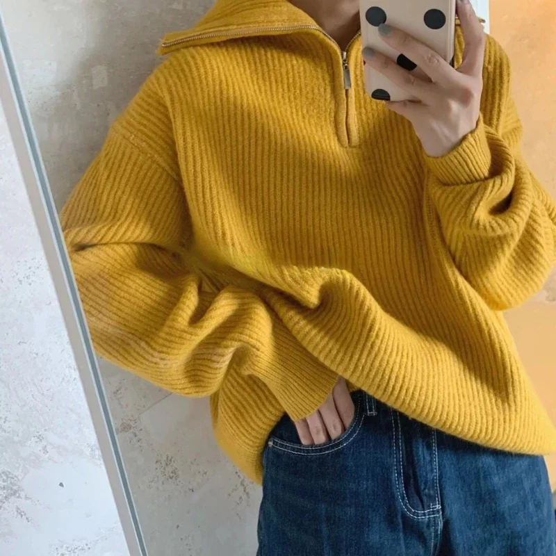 Women's Oversized Turtleneck Sweater Long Sleeve Solid Zipper Pullover Loose