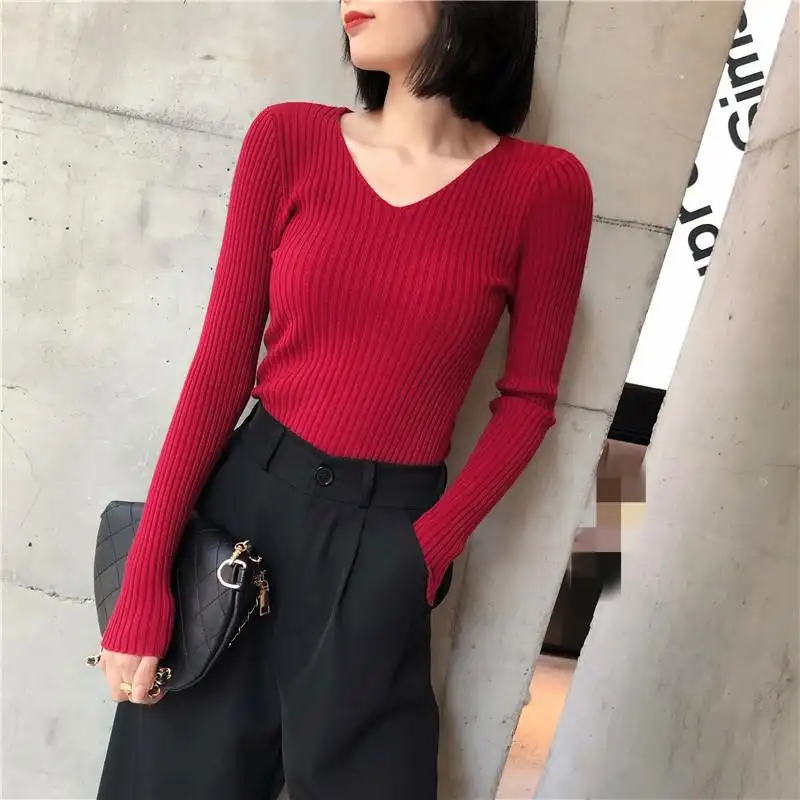 Women Sweaters Casual Long Sleeve Knitted V Neck Pullover Sweater