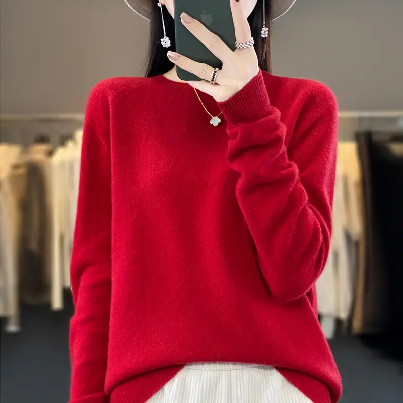 Women's Round Neck Top Fashion Long Sleeve Pullover Thin Sweater