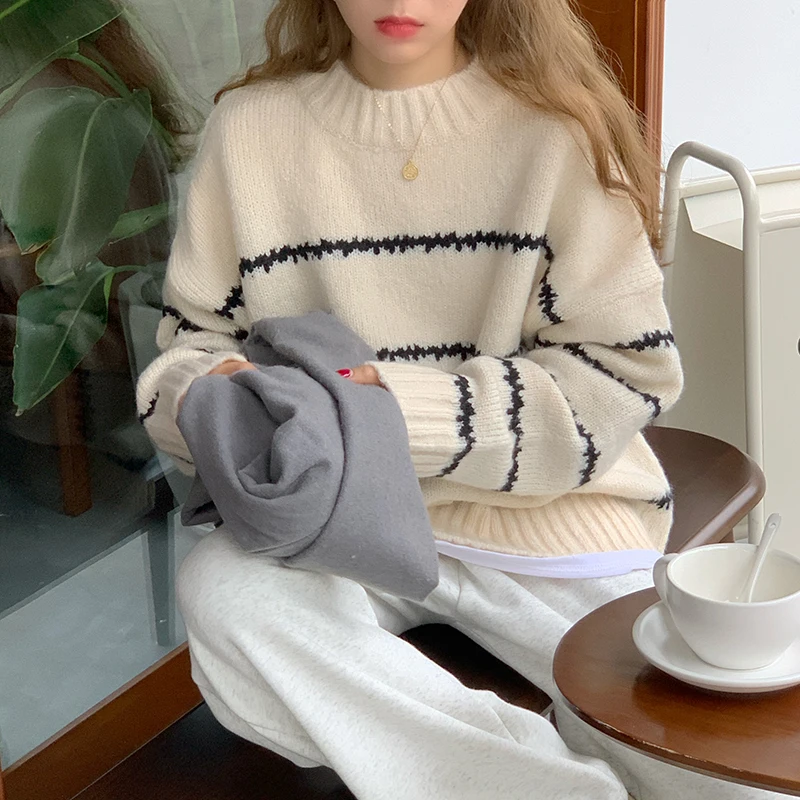Women Casual Pullovers Knitted Striped O-neck Long Sleeve Elegance Sweet