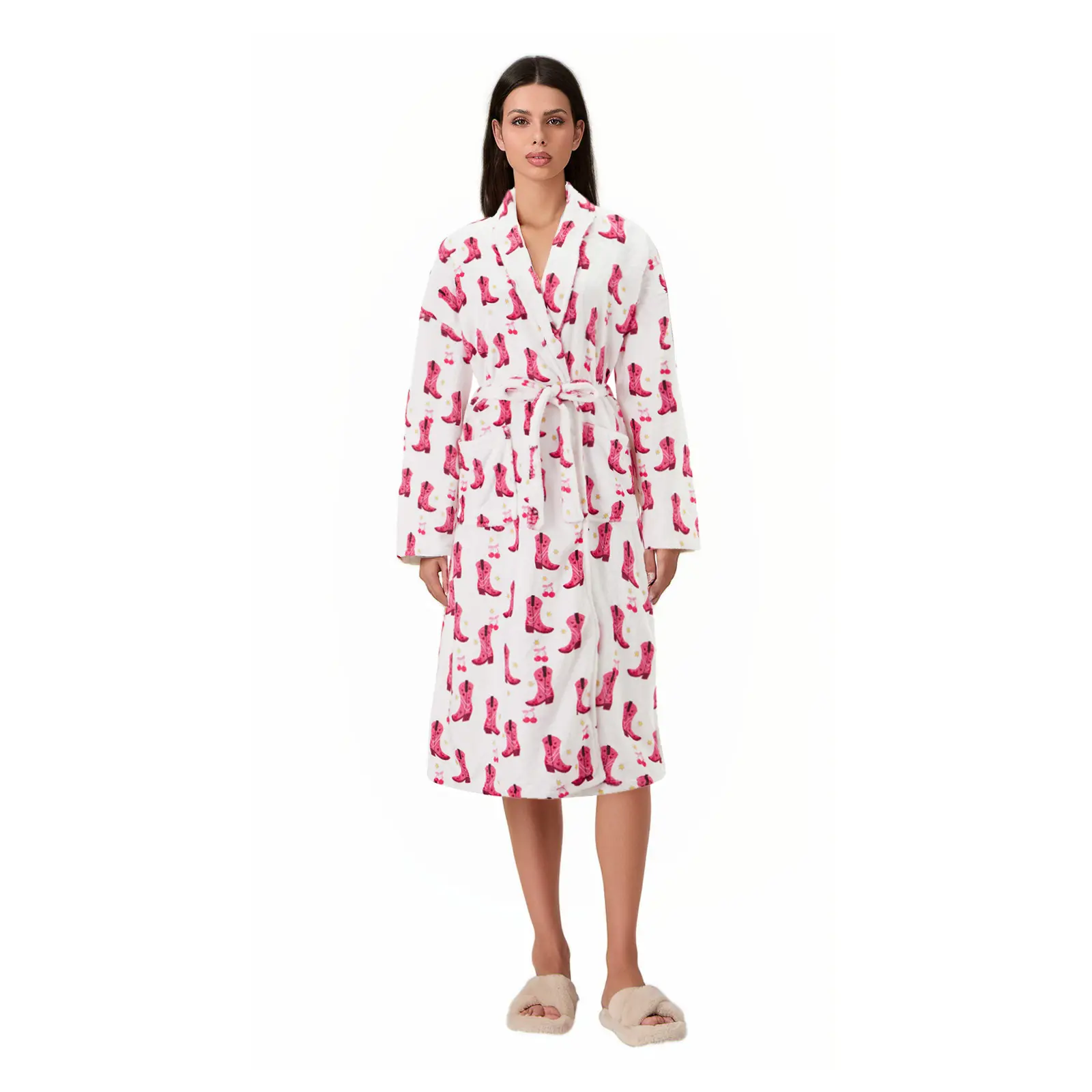 Women Robe Belted Long Sleeve Loose Warm Bathrobe