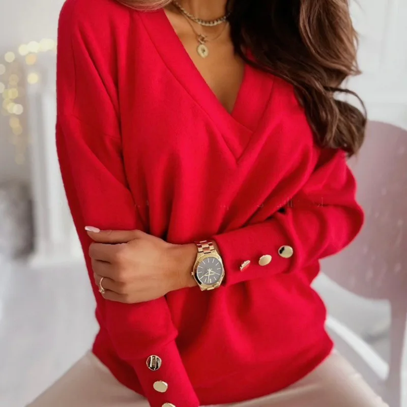 Women Pure Soft Long Sleeve Sweater V-neck Fashion