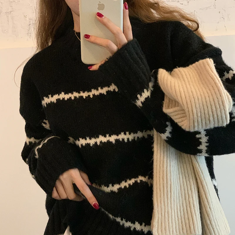 Women Casual Pullovers Knitted Striped O-neck Long Sleeve Elegance Sweet