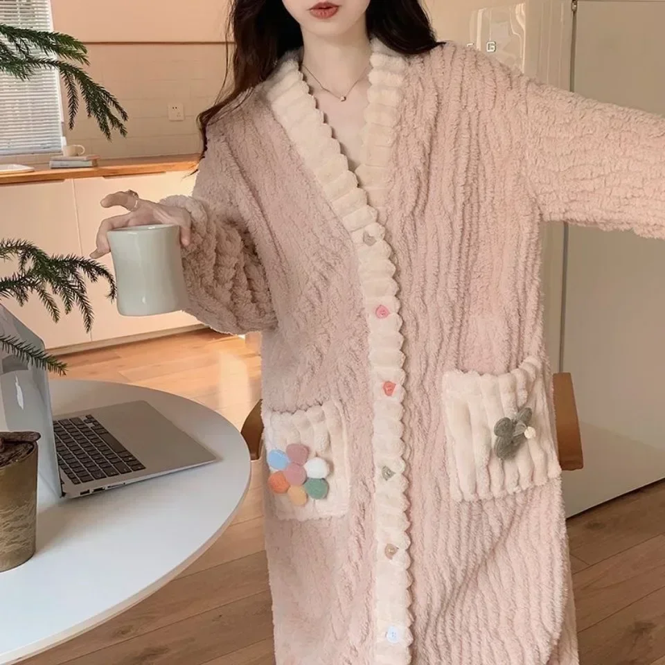 Nightgown Women Coral Fleece Keep Warm Sweet Simple Casual Household Clothing Thickening Skin Friendly Pajama