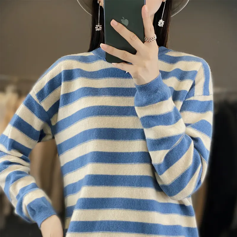 Women's Pullover Sweater Striped Sweater Long Slee...