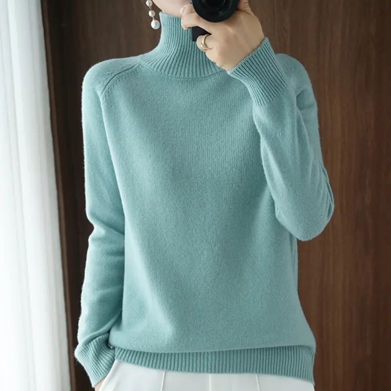 Women Turtleneck Sweater Elegant Slim Solid Ribbed Knitted