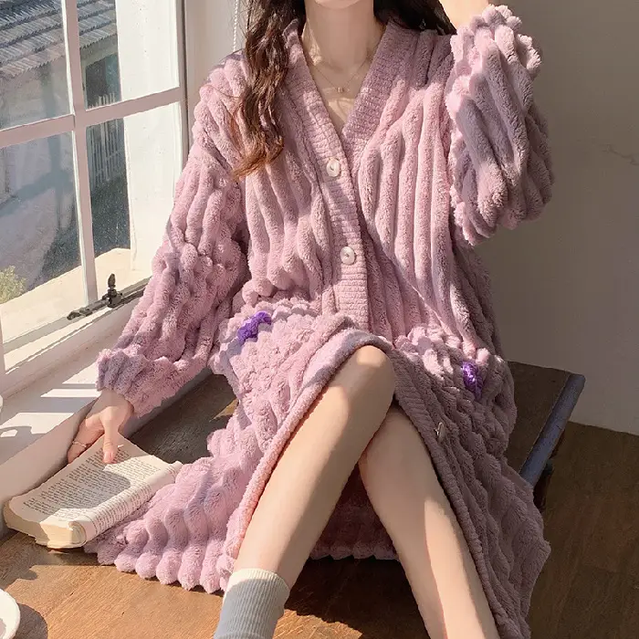 Thicken Warm Flannel Sleepwear Long Sleeve Women L...