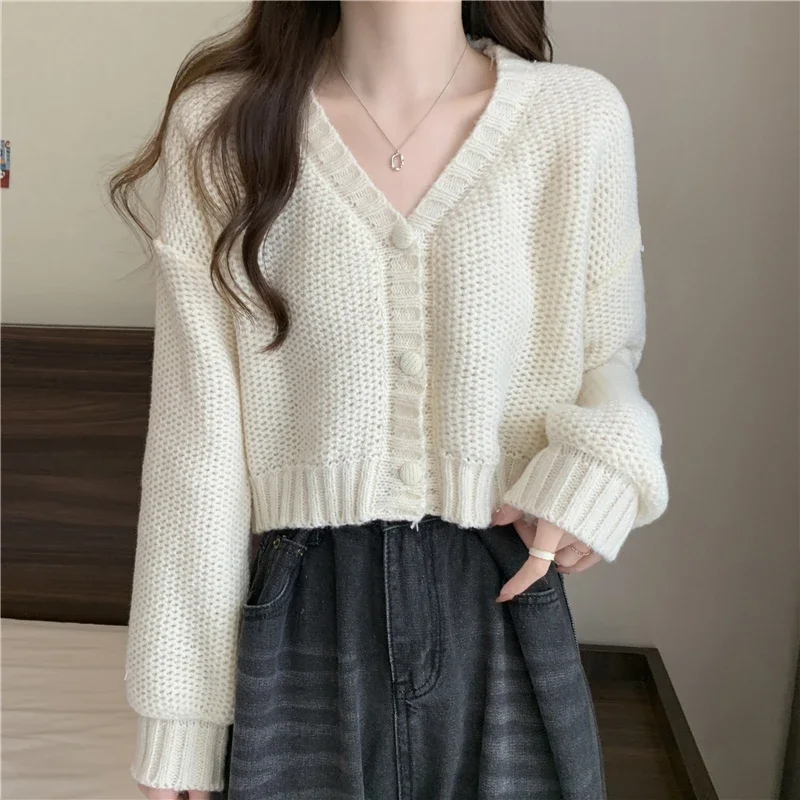 Women V-Neck Cardigan Sweater Buttons Up Casual Knit Sweater Coat Sweet Cardigan Coat