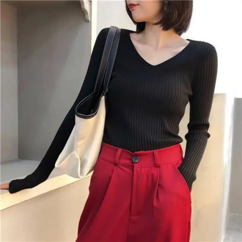 Women Sweaters Casual Long Sleeve Knitted V Neck P...