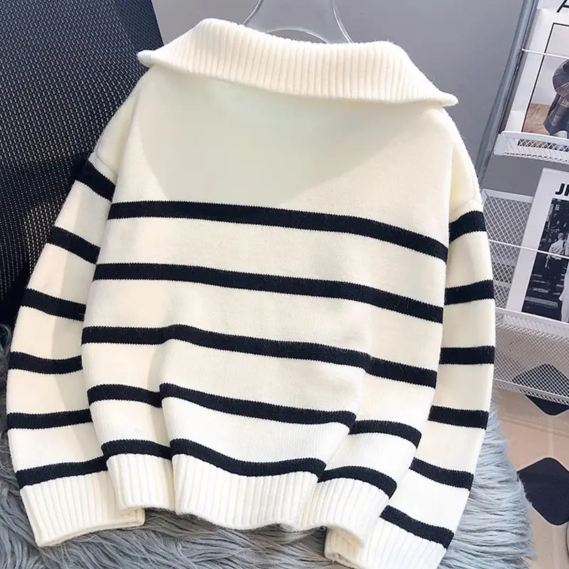 Fashion Striped Zippered Lapel Long Sleeve Loose Casual Knitted Sweater For Women