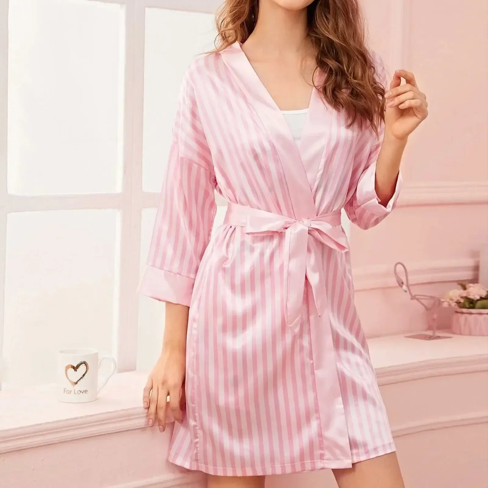 Women Satin Silk Sleepwear Striped Underwear Robes Casual Home Wear Long-Sleeve Sleepwear