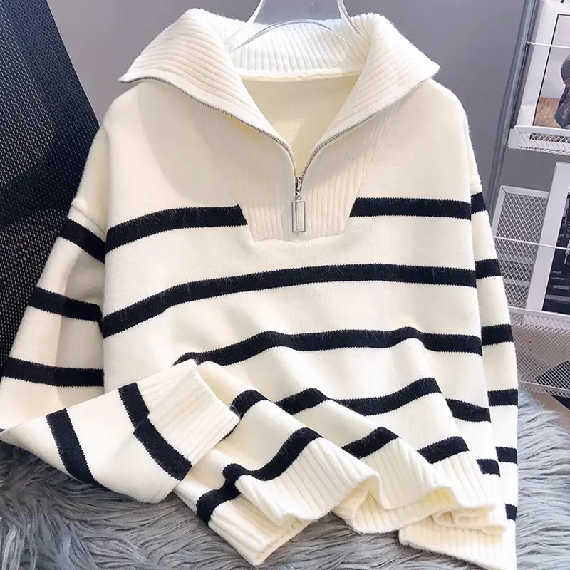 Fashion Striped Zippered Lapel Long Sleeve Loose C...