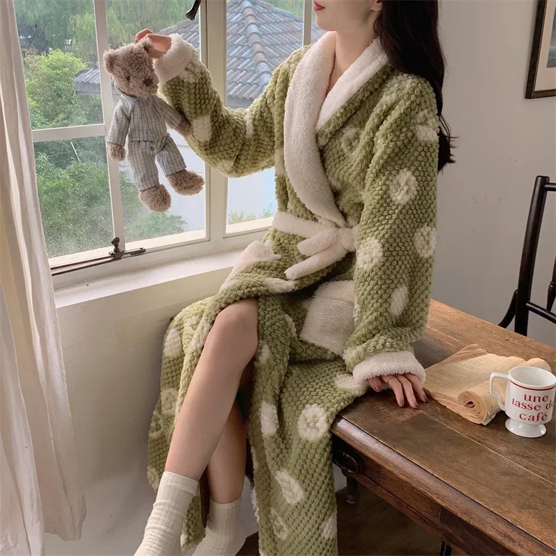 Women's Pajamas Cute Pajama sleepwear Warm Robe Long Homewear Bathrobe Plus Velvet Warmth Coral Fleece