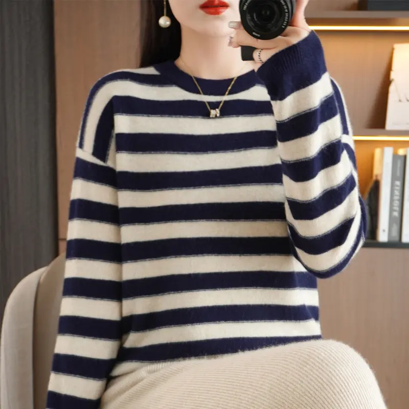 Women's Pullover Sweater Striped Sweater Long Sleeve Crewneck