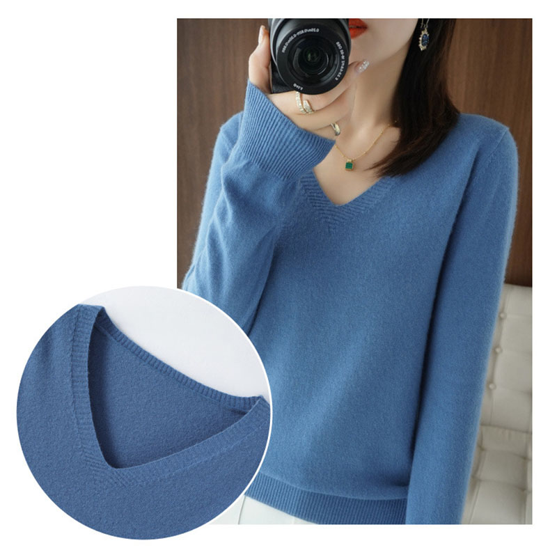 Women Solid Sweater Pullovers V-neck Slim Fit Bottoming Shirt Solid